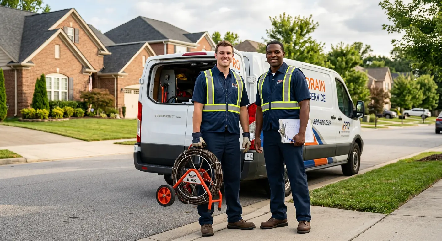 Sewer and drain service team with equipment ready for work in Itasca