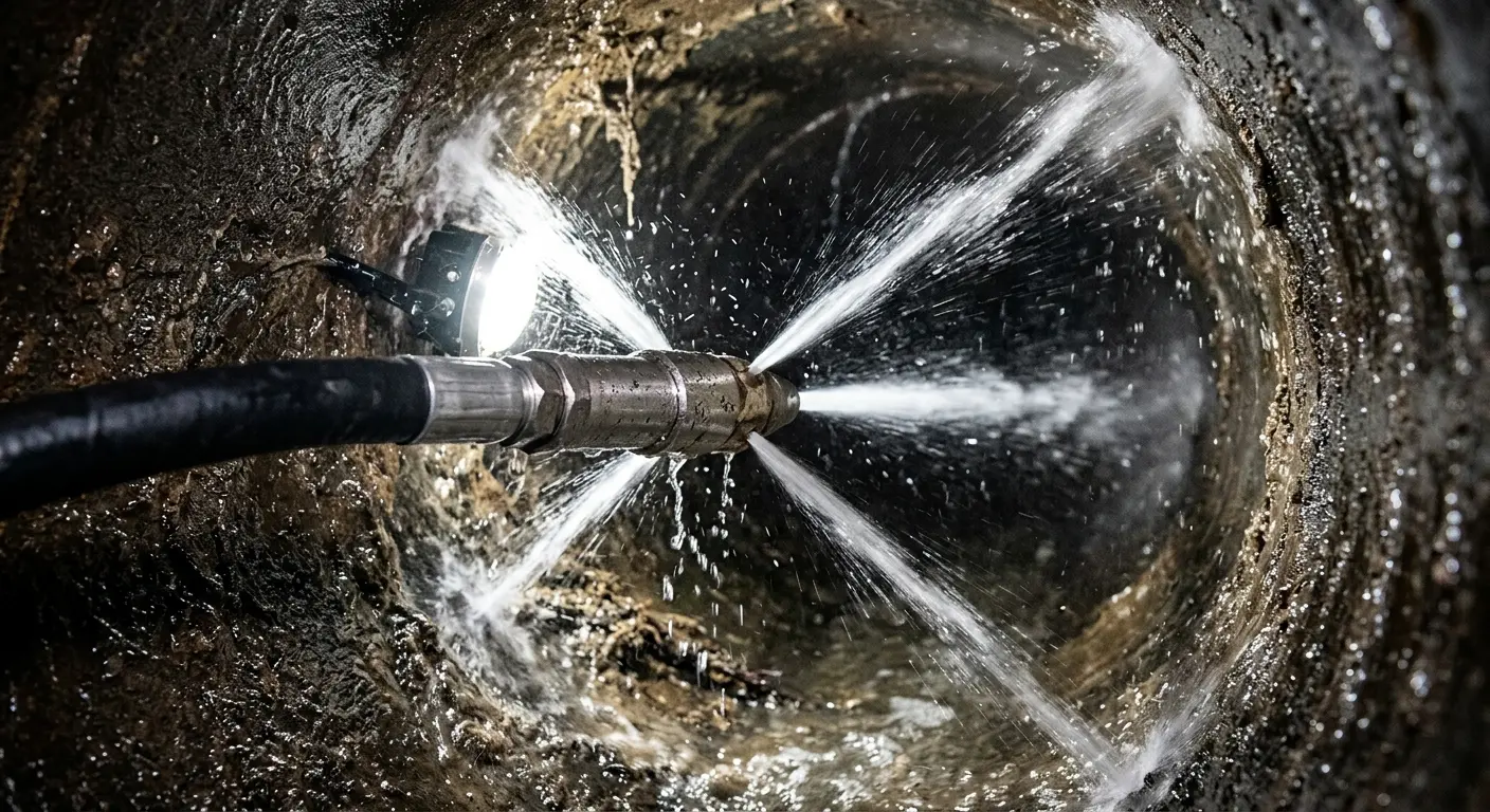 High-pressure hydro jetting nozzle cleaning sewer pipe for Emergency Drain Service in Itasca