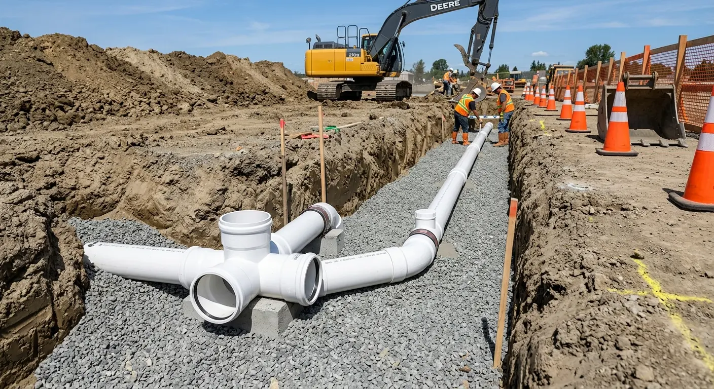 New PVC sewer pipe installation in open trench for Commercial Drain Cleaning in Itasca