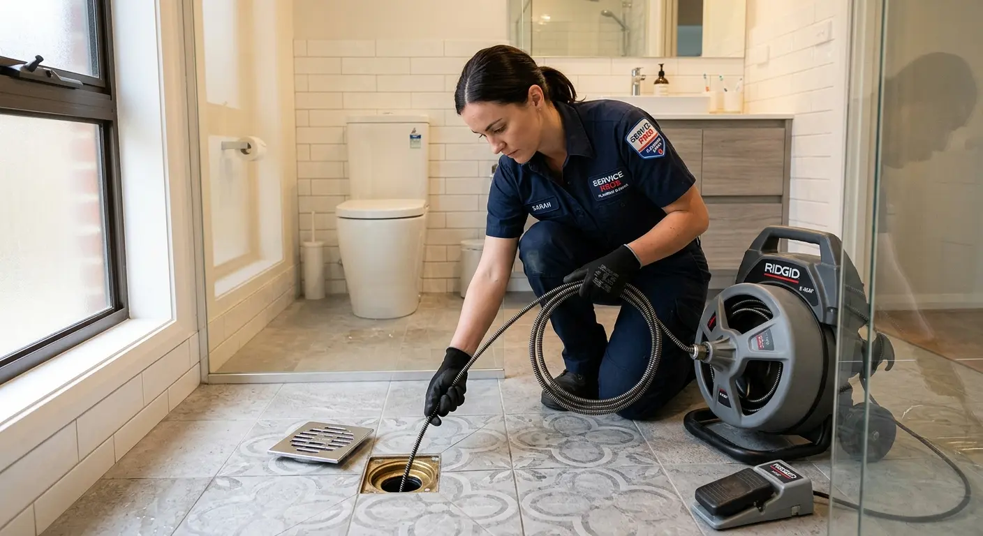 Technician clearing a bathroom floor drain for Drain Cleaning in Itasca